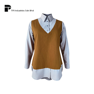 Chemisier à rayures bleues caramel, col boutonné, haut modeste, vente directe fabricant, pour tenue de travail formelle, vendeur Malaisie - Product Image 1