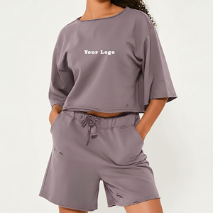 2025 New Arrived Two-Piece Hip Hop Style Fashionable Lightweight Short <b>Set</b> Custom Made Long Sleeve Crop Top T-Shirt & Short <b>Set</b> - Product Image 1