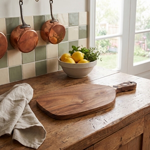 Food Grade Suar Wood Serving Board With Coconut <b>Shell</b> Dark And White Inlay Handle <b>Light</b> Brown For Kitchen Decor And Artisan Home - Product Image 4