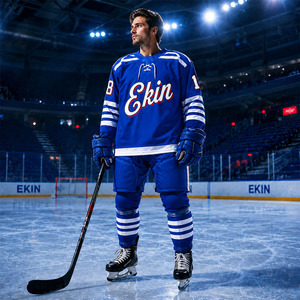 Maillot de hockey sur glace bleu classique avec rayures blanches et numéro 8, manches longues, col en V, respirant, polyester, unisexe adulte, tenue de sport - Product Image 3