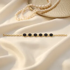 กำไลข้อมือเทนนิสออนิกซ์สีดำธรรมชาติ ชุบทอง ประดับกรอบรูปไข่ ทำด้วยมือ ปรับขนาดได้ ทันสมัย ของขวัญสำหรับงานปาร์ตี้ เครื่องประดับสำหรับทุกเพศ - Product Image 4