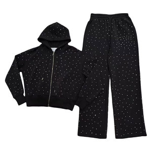 Custom Logo Zip-Up Hoodie Winter Fleece Heavyweight Streetwear 100% Cotton Oversized Rhinestone Men Sweatpants Hoodie <b>Set</b> - Product Image 1