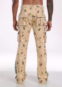 Pantalon cargo imprimé streetwear pour homme, motif lettres, denim évasé, coupe droite, poids moyen, style été - Product Image 6