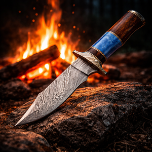 Couteau de camping Bowie artisanal de qualité industrielle avec lame en acier Damas de 10 pouces, manche en os et bois, étui en cuir - Product Image 3