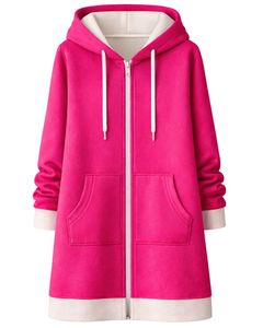 Sudadera con capucha larga con cremallera, color rosa, para mujer, abrigo de invierno con forro polar, sudadera informal extragrande con bolsillos, OEM personalizado - Product Image 1