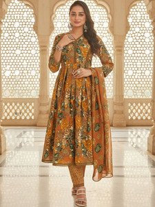 <b>Women</b> Traditional Floral Printed Cotton Empire Anarkali Shape V-neck Knee-Length <b>Kurta</b> with Trousers & Dupatta Diwali Party Wear - Product Image 4