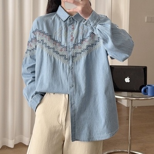 Women's Single-Breasted <b>Top</b> Embroidered Washed Denim Long-Sleeved Shirt Fashion - Product Image 2
