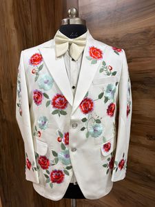 Men’s Ivory Floral Embroidered Wedding Suit – Western Cowboy Groom <b>Blazer</b> <b>Set</b> with Rose Embroidery for Party & Formal Wear - Product Image 2