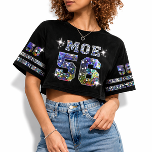 Maillot de football américain court pour femme de qualité supérieure avec strass, numéro personnalisé à paillettes, haut streetwear, marque privée, OEM, vente en gros - Product Image 5