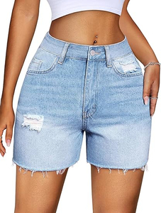 Shorts en jean déchirés taille haute pour femme, ourlet brut, style décontracté pour l'été - Product Image 3