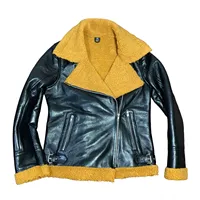 Blouson Aviateur Moto Unisexe en Cuir Véritable Noir avec Doublure en Mouton, Fermeture Éclair et Boucles, Vêtement d'Extérieur Tendance, Personnalisable avec Logo