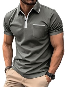 Polo en tricot à manches courtes pour homme, couleur unie, col boutonné décontracté, haut décontracté avec col zippé et poche - Product Image 1