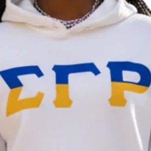 Sweat-shirt à capuche blanc pour femme Sigma Gamma Rho avec motif de lettres grecques bleues et dorées, pull à manches longues avec poche kangourou - Product Image 6