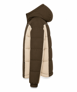 Wholesale Color <b>Block</b> Puffer Jacket Modern Winter Wear Insulated Hood Custom <b>Rubber</b> Patch Service Front Zipper Elasticated Cuffs - Product Image 2
