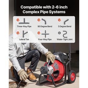 Macchina Portatile per la Pulizia degli Scarichi con 4 Lame, 50 Piedi x 1/2 Pollice, Alimentazione Automatica, Spirale per Fognature con Ruote - Product Image 3
