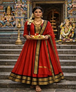 VESTIDO TRADICIONAL DE ALGODÓN CON BORDADO DE ENCAJE JACQUARD Y DUPATTA, ROPA FESTIVA, PRECIO AL POR MAYOR, PRENDAS ÉTNICAS, ROJO - Product Image 2