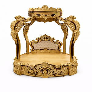 Luxury High End Modern Carved Teak Wood Round Four <b>Poster</b> Canopy Bed with Golden Heavy Carving - Product Image 1