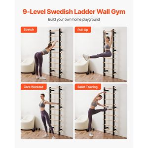 Système de suspension pour échelle suédoise à 9 niveaux, capacité 330 LBS, pour salle de sport à domicile, en bois massif et acier au carbone, modèle B avec fixation murale - Product Image 2