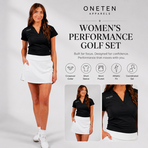 ONETEN Women's Performance Golf Set <b>Black</b> V-Neck <b>Short</b> <b>Sleeve</b> <b>Top</b> White Knee Skort Athletic Fit Sporty Casual Outfit One Set - Product Image 1