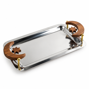 Bandeja de Servir de Acero Inoxidable de Lujo con Asas de Madera en Forma de Estrella y Luna Creciente |   Plato Rectangular para Aperitivos, Postres, Té y Decoración del Hogar - Product Image 1