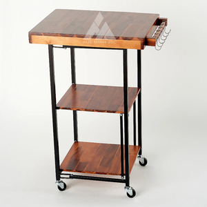 White Multi-Function Kitchen Cart with Solid Acacia Wooden Top & <b>Shelves</b> and Double Handle Bar - Product Image 3
