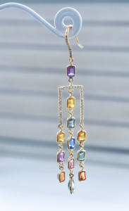 Pendientes de Oro de 14K con Múltiples Zafiros y Aventurina Verde en Forma de Gota, Modelo Prism Waterfall - Product Image 2