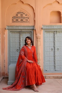 Stylish <b>Womens</b> Orange Cotton Pintex Embroidered Anarkali Set with Tiered <b>Kurta</b> Straight Pants and Floral Printed Dupatta - Product Image 3