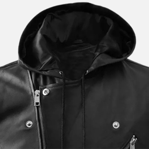 Chaleco de cuero genuino para hombre, estilo motociclista con capucha, diseño de solapa y cremallera diagonal, sin mangas, de piel de vacuno, servicio OEM, transpirable - Product Image 3