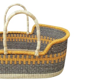 Authentic <b>yellow</b> and dark striped pattern seagrass changing <b>basket</b> integrated with rattan changing kid <b>basket</b> and light handles - Product Image 2