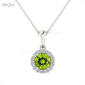 Natural 4mm Brilliant Round Cut Peridot Gemstone <b>Pendant</b> with 14k <b>Solid</b> <b>Gold</b> Diamond Halo <b>Pendant</b> August Birthstone Gift - Product Image 2