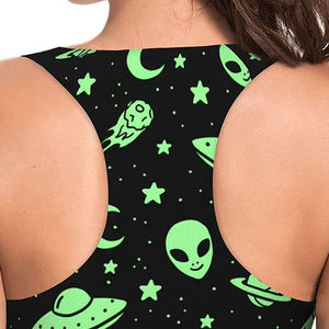 Sujetador deportivo para mujer con estampado alienígena, espalda cruzada, cuello redondo, soporte medio, transpirable, ropa deportiva con patrón de dibujos animados, 100% nailon - Product Image 4