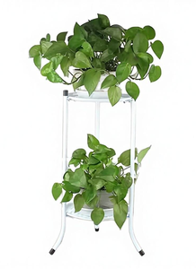 White metal two tier plant stand with round <b>pot</b> <b>holder</b> shelves and slim curved legs ideal for indoor plants balcony garden patio - Product Image 2