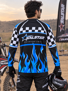 SALSTAR Men's Long Sleeve Motocross Jersey Black Blue <b>Flame</b> Checkered Print Quick Dry Racing <b>Shirt</b> Adult Full Sleeve - Product Image 4