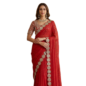 ส่าหรีอินเดียแบบดั้งเดิมสำหรับงานเทศกาล ผ้าจอร์เจตต์เทียม ประดับเลื่อม ปักลาย พร้อมกระจกแท้ ส่าหรีงานแต่งงาน - Product Image 1