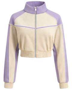 Veste de sport courte beige lavande pour femme, zippée, avec rayures contrastées, pour la gym, le fitness et l'entraînement, personnalisable - Product Image 1