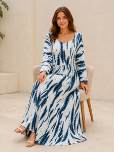 Vestido Western de Manga Larga con Estampado Tie Dye Blanco para Mujer, Escote Corazón, Acampanado, con Lazos y Espalda Recortada, Ropa de Mujer al por Mayor - Product Image 5