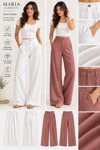 Trending Factory Direct Casual <b>Summer</b> White Tee & High Waist Solid Linen <b>Trousers</b> Two-Piece Set Bulk - Product Image 3