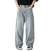 Produsen Denim Celana Jeans Pria Desainer Khusus Model Kaki Lebar Acid Wash Distressed Baggy Pearl dengan Rivet Logam