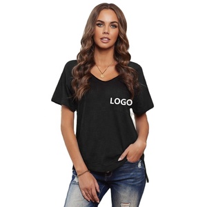 เสื้อยืดคอวีแขนสั้นสำหรับผู้หญิง,เสื้อยืดผ้าฝ้าย100% แขนสั้นพิมพ์ลายโลโก้ได้ตามต้องการ - Product Image 1