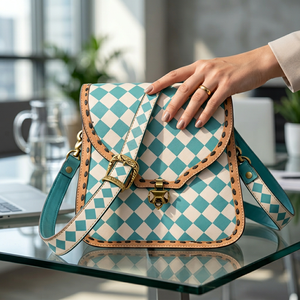 Vintage Genuine <b>Leather</b> Lightweight Shoulder Bag Diamond Lattice Pattern Buckle Closure Single Strap Turquoise White Women's - Product Image 4
