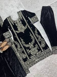 Black Embroidered Indian Pakistani Traditional Wedding <b>Dress</b> <b>Women</b> Floor-Length Regular With <b>Silver</b> Work Polyester Stretchable - Product Image 2