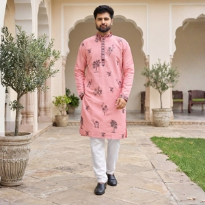 Conjunto de Kurta y Pijama de Seda Romana en Tonos Pastel con Bordado y Bolsillos Laterales para la Colección Festiva - Product Image 3