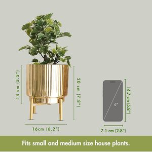 Modern Luxury <b>Gold</b> Plated Metal <b>Planters</b> with Stand Ribbed Cylindrical Flower Pots for Indoor Desktop - Product Image 3
