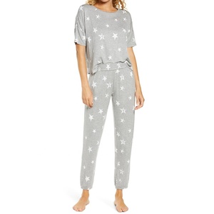 Conjunto de pijama de 2 piezas cómodo de verano para mujer Vestido de noche con estampado de estrellas sublimadas Conjunto de pijamas de ropa de dormir barata al por mayor de OEM - Product Image 1