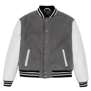 Top Quality Custom Men's Varsity <b>Jacket</b> With Leather Sleeves Winter Men's <b>Jackets</b> Custom logo Grey <b>White</b> Colour - Product Image 5
