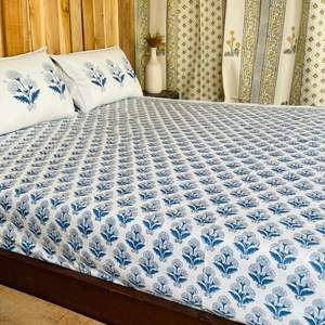 Juego de Sábanas con Estampado Artesanal Sanganeri de la India, Sábanas con Funda de Almohada - Product Image 1