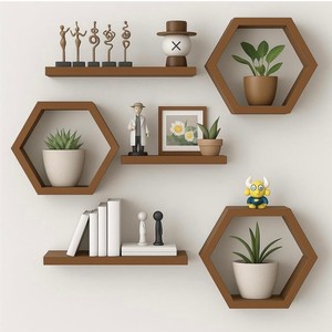 Sheesham Wood Hexagon <b>Floating</b> <b>Wall</b> <b>Shelves</b> Set Walnut Brown Wholesale - Product Image 1
