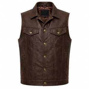 Stylish Men’s Vintage Brown Leather Vest Classic Snap Button Motorcycle Biker Waistcoat for Casual Streetwear Fashion - Product Image 1
