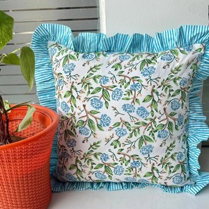 Floral Ruffle Cushion Cover Square Printed Bohemian Style <b>Home</b> Decor Pillowcase 100% Cotton Handmade - Product Image 1