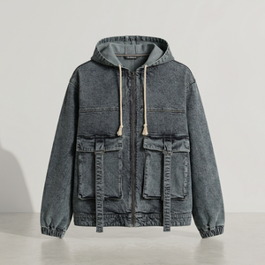 Vintage Washed <b>Denim</b> Winter Unisex Hoodie Custom Logo Oversized Boxy Fit Zipper Hooded <b>Jacket</b> Streetwear Essential - Product Image 1